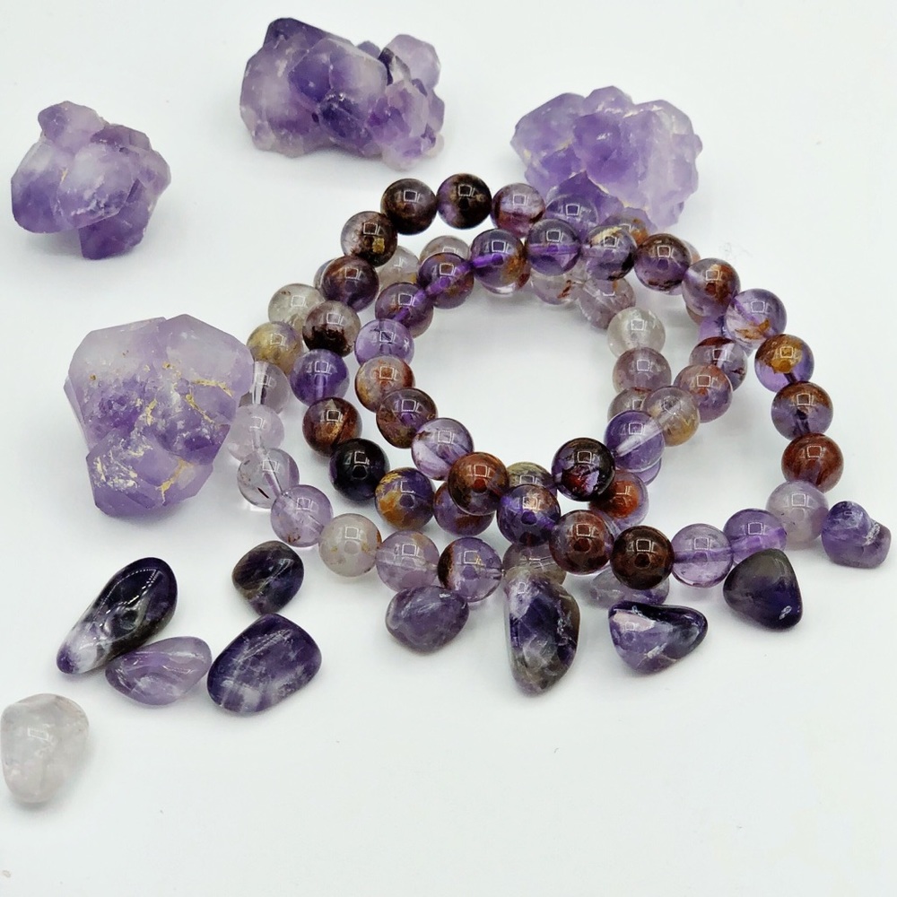 Amethyst, Super Seven, Cacoxenite Mala Bracelet